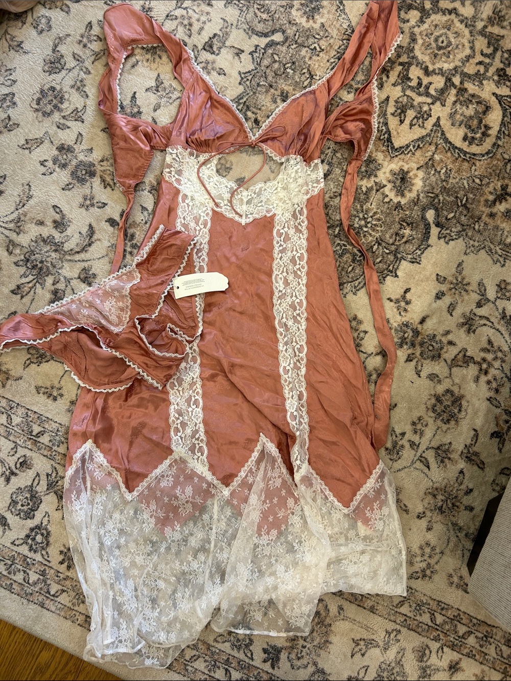 NWT. For Love And Lemons Dusty Rose Satin & White Lace Chemise with underwear